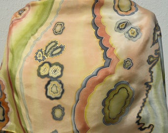 Handpainted silk scarf beige green apricot gray gold hand painted silk scarf Agate natural gemstone inspired Outstanding silk scarf for her
