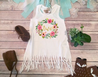 Second Birthday Girl Dress, Boho Birthday Girl, 2nd Birthday Outfit, Two Shirt Dress, Baby Girl Clothes, Hippie Baby Clothes, Floral Wreath
