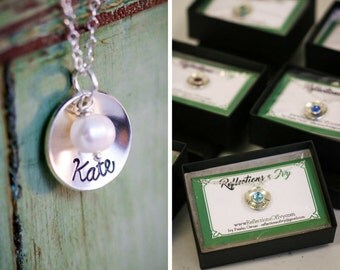 SALE • Personalized Bridesmaid Gift Idea • Bridesmaid Necklace • Custom Pearl Necklace • Sterling Silver Handstamped Necklace Set•Gift Girls