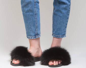 Real Fox Fur Slides, Black Fluffy Slides, Rubber Fur Sandals, Real Fox Slippers, Fur Flip Flop , Fur Shoes , Fluffy Slippers