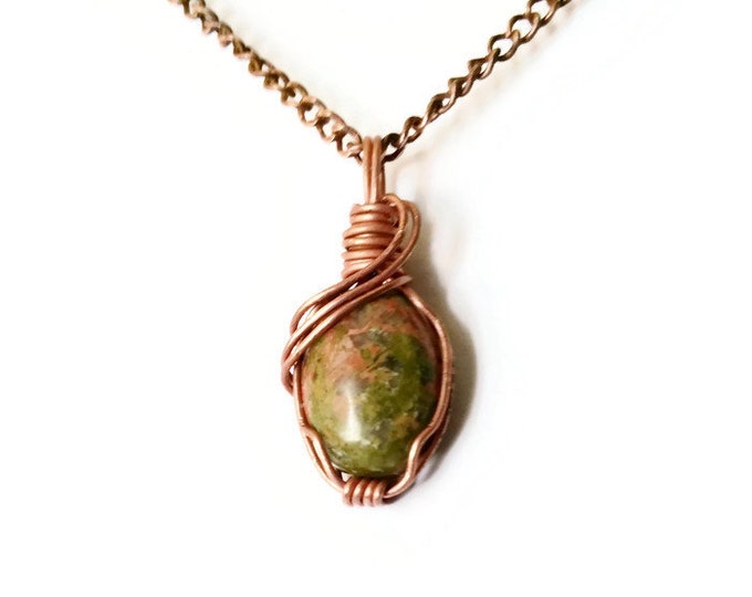 Copper Wrapped Unakite Gemstone Cabochon Necklace, Heart Chakra Pendant, Unique Birthday Gift, Gifts for Her, Chakra Jewelry