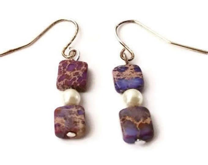 Purple Impression Jasper and Freshwater Pearl Earrings, Jasper Earrings, Pearl Earrings, Purple Jasper Earrings, Unique Birthday Gift