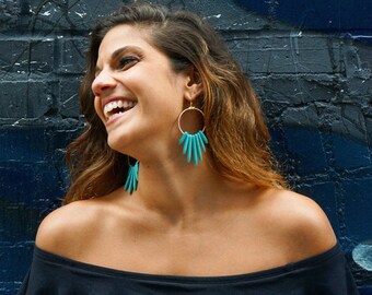 Turquoise - White - Spike - Wire Wrapped - Gold Hoop Earrings
