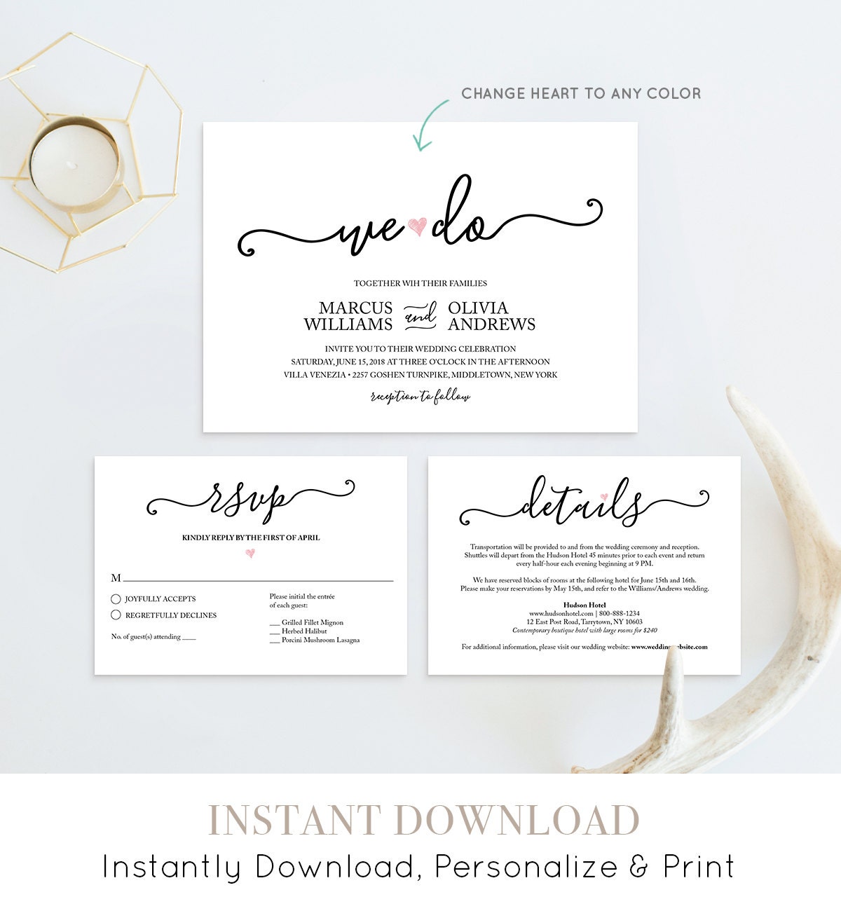 We Do Wedding Invitation Template, Printable Heart Wedding Invite, RSVP ...