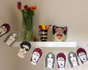 David Bowie, Lou Reed and Iggy Pop paper bunting! Perfect gift for music fans. Wall art. Wall decor. Hand illustrated. Art for the home.