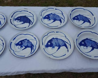 8 Vintage Nautical Enamelware Goldfish Brand Cobalt Blue & White Carp Dishes
