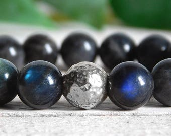 Labradorite and Sterling Silver Bracelet / Genuine Labradorite Grade AA / Stretch Meditation Bracelet / Yoga Bracelet / 10mm OR 8mm