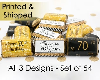 70th Birthday Party Decorations - Gold & Black - Stickers for Hershey's Miniature Bars (Set of 54)