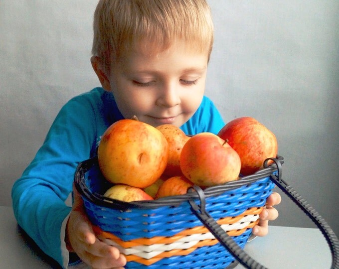 Vintage wicker basket - Small, blue plastic basket - Children wicker basket - Christmas gift - Vintage USSR