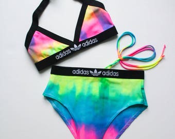 RAINBOW Reworked adidas high waisted multi coloured tie die bikini set