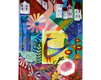 Birds and flowers original oil painting Original art work on canvas Oil painting original flowers Paintings on canvas oil Primitive art oil