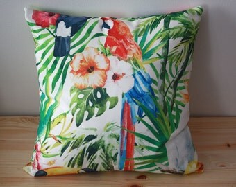 Housse de coussin déco Recto-Verso imprimé blanc | Palmier perroquet | JUNGLE | Design d'intérieur |Salon & Chambre| Décoration tropicale
