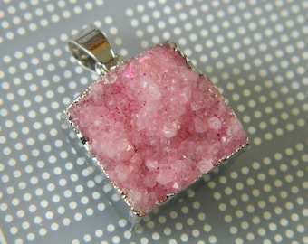 17MM Square Cotton Candy Pink Quartz Druzy Pendant - Silver Foil Wrapped Druzy Geode Pendant DQ2