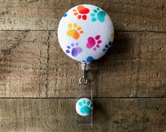 Retractable ID/Badge Holder-Fabric Badge Reel-Retractable Badge Reel-Badge Reel-ID Badge Holder-Nurse Gift-Rainbow Paw Prints
