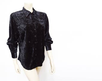 Free Global Shipping* Velvet Blouse, 1990s, Retro Shirt, Black Blouse, Velvet, Vintage Clothing, Retro, Pinup, Boho, Hippie, Hippy