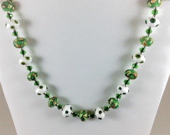 Green and white lampwork bead necklace