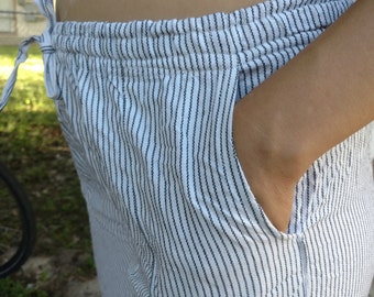White and Black Striped Knee Length Shorts
