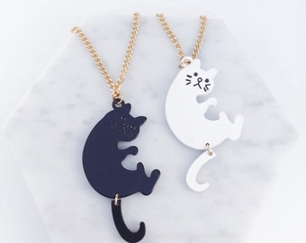 Black cat white cat necklace; long necklace; cute cats; cat necklace