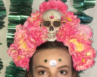 Mexican Day-of-the-dead Inspired Festival Carnival Crown Unique Pink Flowers Skull