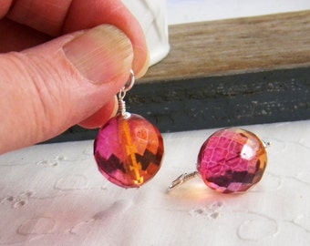 Large Pink faceted pendant, Sterling silver wire wrapped pink and yellow glass pendant, faceted charm, interchangeable pendant