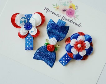 Baby Hair Clips , Infant Hair Clips ,Toddler Hair Clips , Girls Hair Clips , Hair Clip Set , Red - White - Blue Glitter bow Hair Clip Set