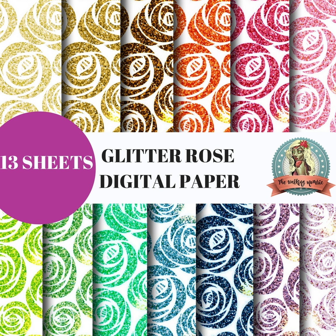 Glitter Rose Digital Scrapbook Paper Set14 Sheets 12 x 12 in.