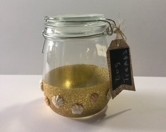 Custom dog treat jar with gold giltter and accented with kitten paw seashells, Dog treat container, Dog Treat jar, Dog treat holder