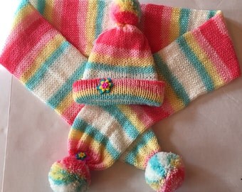 Pink and blue knit hat and scarf