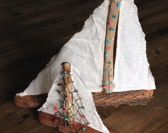 Shell-sprinkled Driftwood Sailboat Set