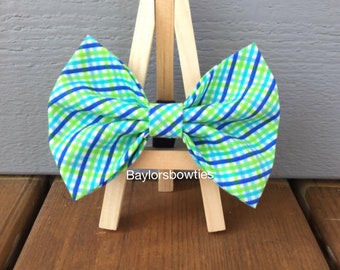 Bright blue and green dog bow tie