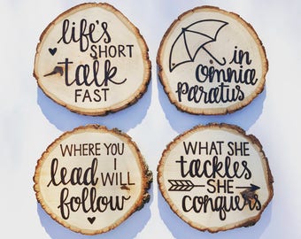 Gilmore Girls Coasters | Oversized Coasters | Wood Burned | Basswood | Rustic Wood Slice Coasters