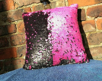 Hot pink and matte black two tone sequin cushion
