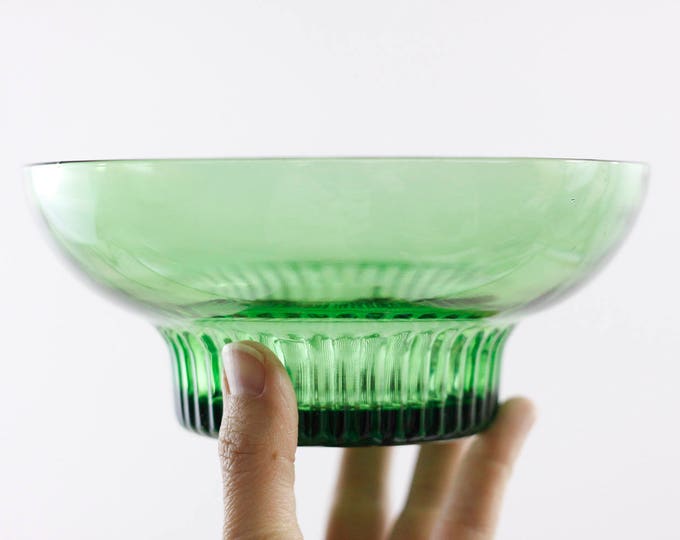 Green glass bowls with ribbed base by A.L. Randall, Prairie View, IL - set of 2 - breakfast bowl, icecream coupe, snack bowls,