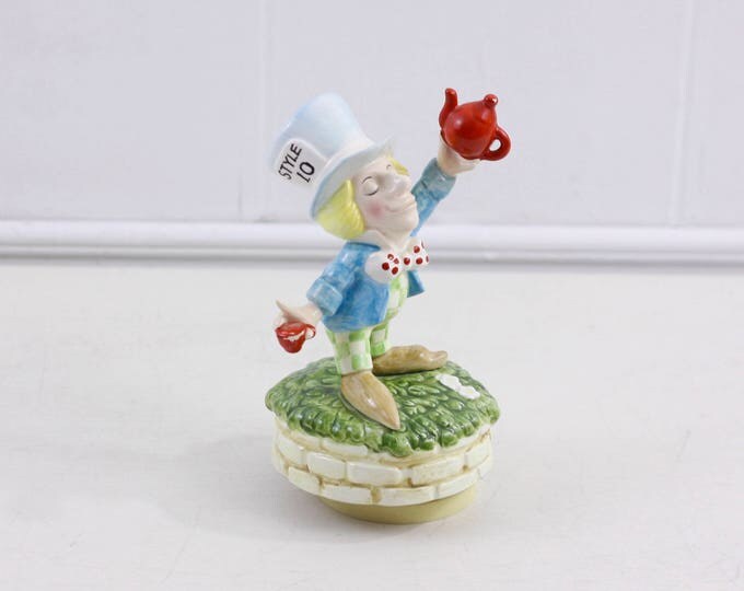 Vintage Mad Hatter music box by Schmid No. 371 JAPAN, Collectible porcelain Alice in Wonderland figurine, Tea for Two, rare collectible