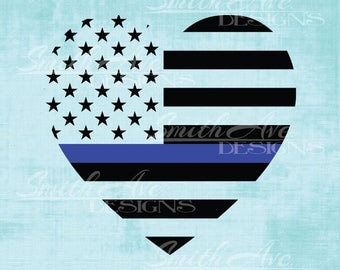 Thin Blue Line American Flag Heart, Back the Blue, Blue Lives Matter, 4th of July, Silhouette or Cricut File, Vinyl Cut File, .dxf .png .eps