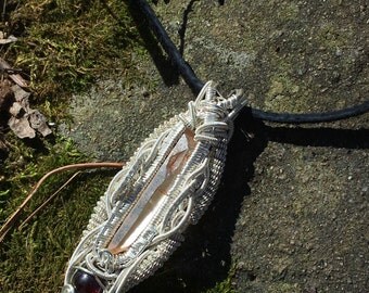 Tangerine quartz and garnet .925 sterling silver wire wrap pendant