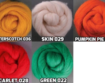 Corriedale Wool Roving, 1 oz ea, 5 Color Set: Butter Scotch, Scarlet, Green, Skin, Pumpkin Pie. Top, Sliver, Fiber, Needle/Wet Felting, Spin