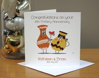 Personalised Pottery (8th) Cartoon Anniversary Card - Funny/Cute Anniversary Card - Cards For Husband/Wife - Cards For Couple