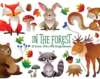 Watercolor Woodland Clipart - Watercolor Clipart, Woodland Clipart, Forest Animals, Cute Woodland Animals, Nursery Print, Digital Art