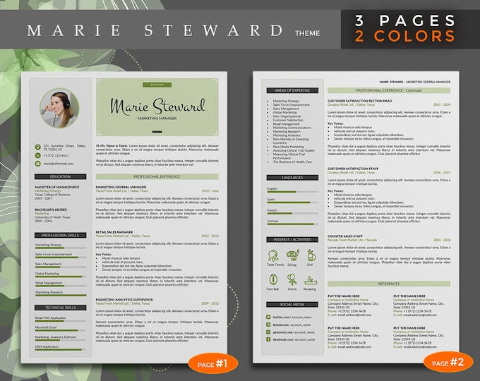 Resume Template / CV Template Bundle. 3 in 1 Creative Word Resume Design with Cover Letter, 3 Pages Modern CV Template