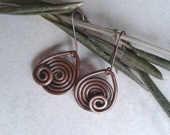 Copper earrings, antique copper, spiral earrings