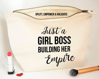 Personalised Just A Girl Boss Building Her Empire - Be Younique Personalised Cosmetic Bag - Canvas Pouch - Younique Swag Make up Bag Clutch