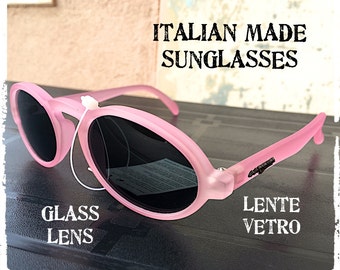 Occhiali da sole uomo donna tondo ovale rosa opaco lente vetro Sunglasses oval round matt pink ice glass lens, vintage hipster Made in Italy