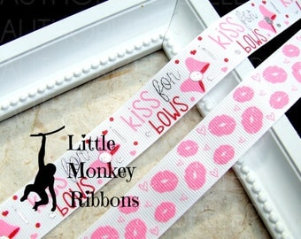 I kiss for Bows, Grosgrain ribbon, Valentines ribbon, 7/8 inch ribbon, Lips, USDR