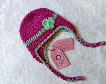 Pink and green handmade crocheted baby earflap hat