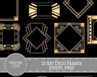 Art Deco Frames Black and Gold, 10 PNGs, Commercial Use, gold gatsby borders and frames, 10 gold digital frames, diy twenties scrapbooking