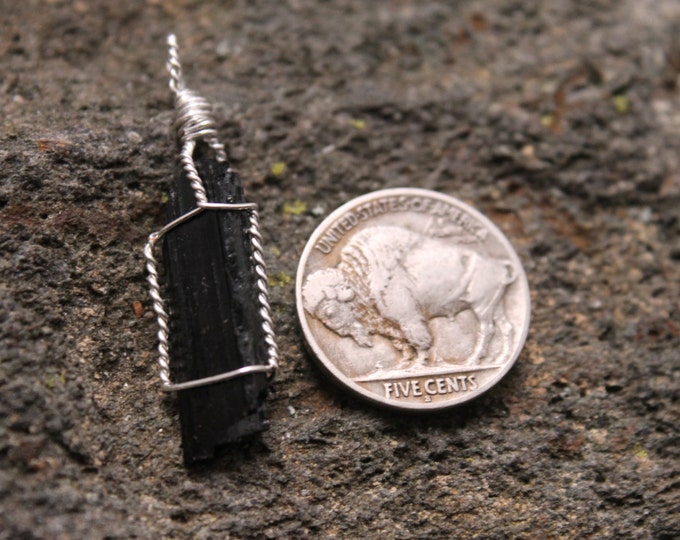 Black Tourmaline Crystal Rough Mineral Pendant Wire Wrap with Twisted Silver Wire