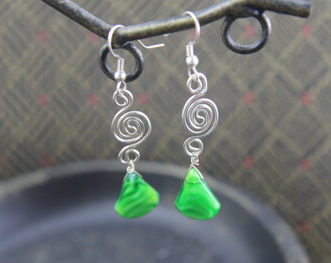 BoHo Earrings, Geometric Dangle Earrings, Sterling Silver Spiral Swirl w/ Green Triangle Bead, Wire Wrap Jewelry, Unique Hippie Gift for Her