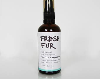 VANILLA + PEPPERMINT, dog coat spray, dog coat spritz, pet aromotherapy spray, clean fur spray, dog bedding spray, fur fragrance, clean dog