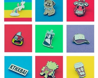 Enamel Pin Badge SECONDS Sale | Lapel Pin Badge Sale | Pug | Coffee | Cow | Baseball Cap | Super Hero Super Fry | Candy Corn | Badges